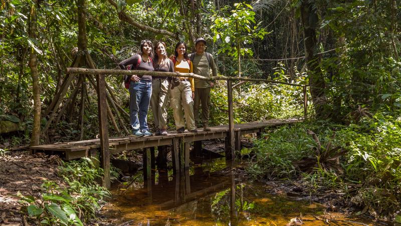 Grupo de visitantes sobre el puente de madera que cruza una quebrada de aguas negras