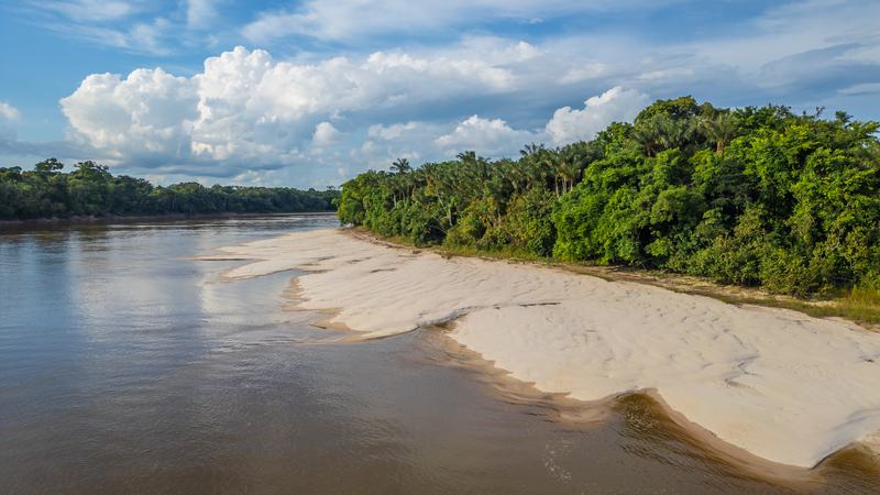 Playa de arena blanca en una curva del río Nanay